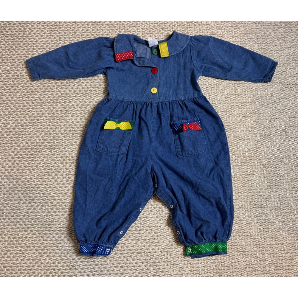 Vintage Buster Brown Denim Romper Polka Dot Bows 24M toddler Colorblock 90's